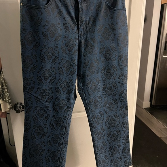 Simon Chang Denim - Simon Chang Blue Damask Print Straight Leg Jeans
